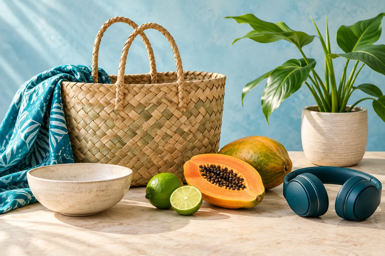Woven shopping basket with fresh papaya, textiles, a ceramic bowl, headphones and a tropical plant
